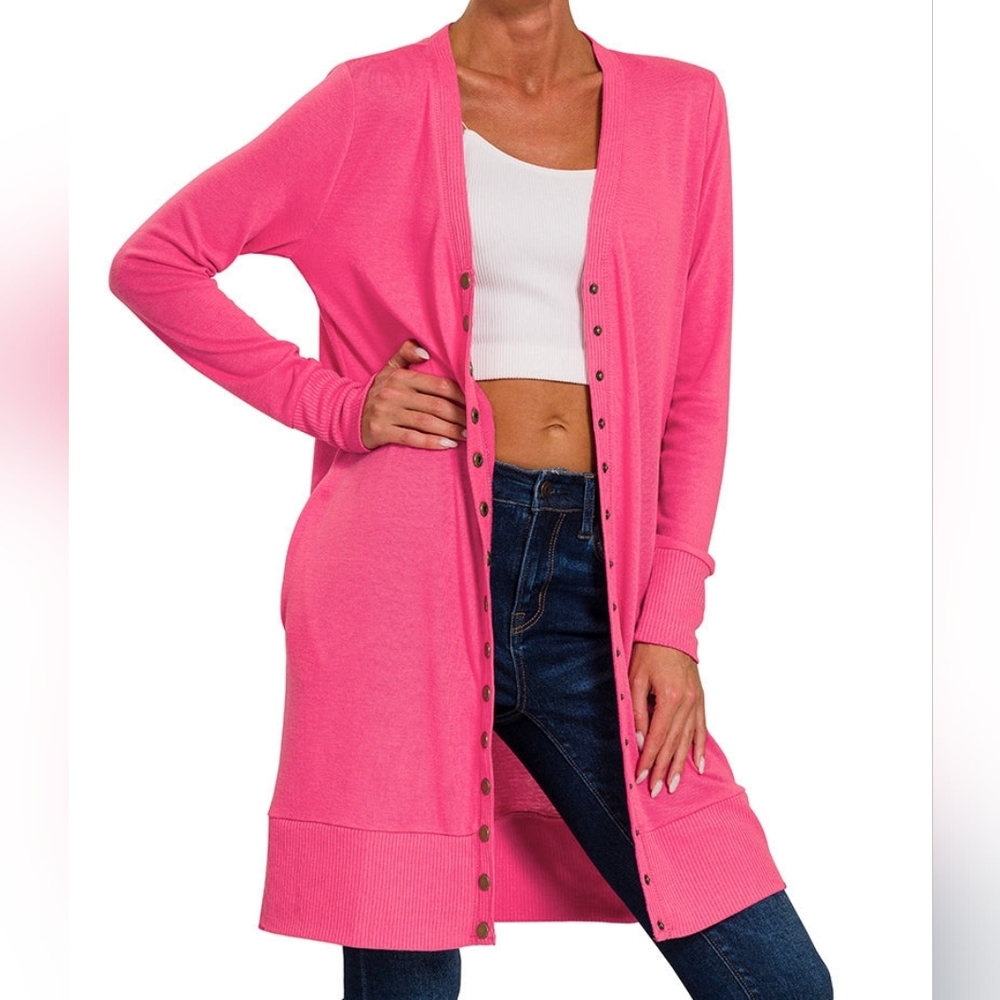 New Zenana Pink Womens Long Jersey Cardigan Size S M L - Picture 2 of 2